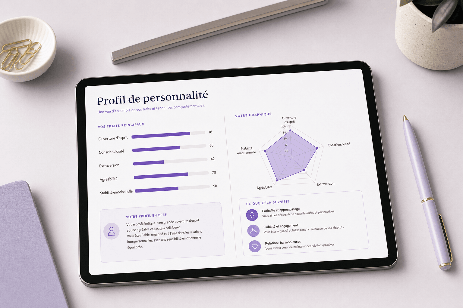 Extrait du rapport PDF T-Persona avec les graphiques de profil et l’analyse des soft skills